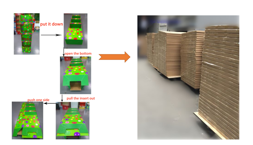 Stacks of flat-packed cardboard displays ready for shipping from a warehouse