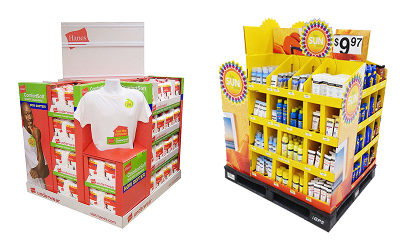 A well-designed t-shirt display with bold graphics, clear branding, and neatly folded shirts in each cubby.