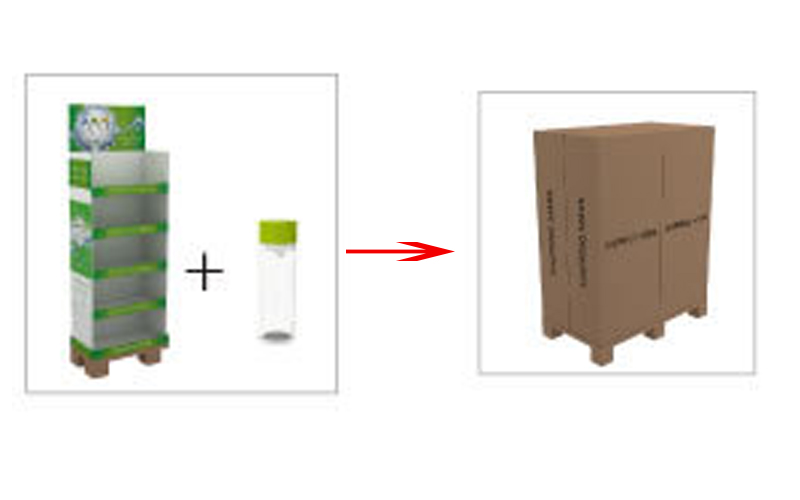 A flat-packed cardboard display with simple assembly instructions next to it.
