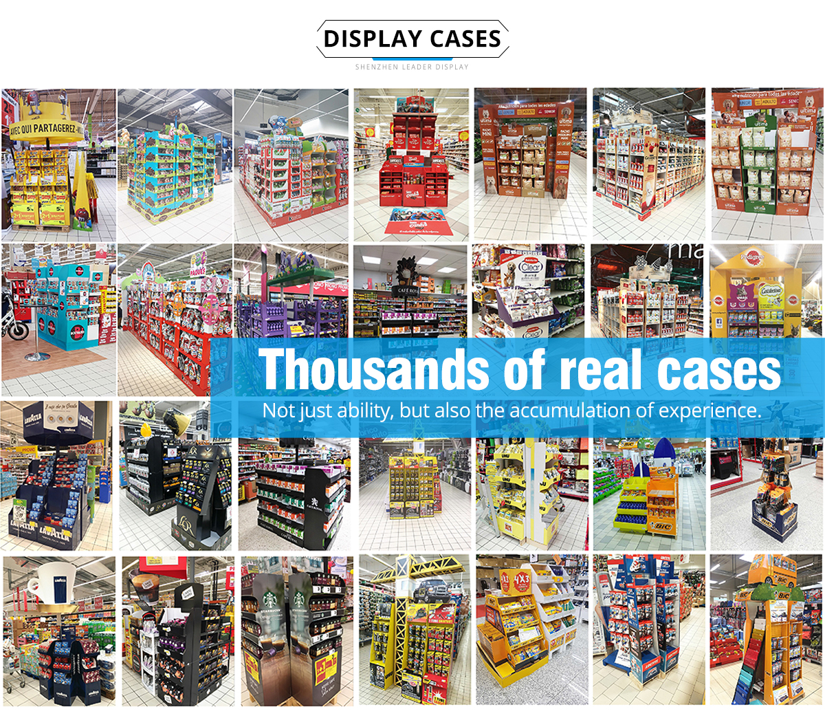 A variety of different POP displays in a single retail aisle, like counter displays and floor displays