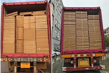 A securely packed pallet of cardboard displays ready for international shipping