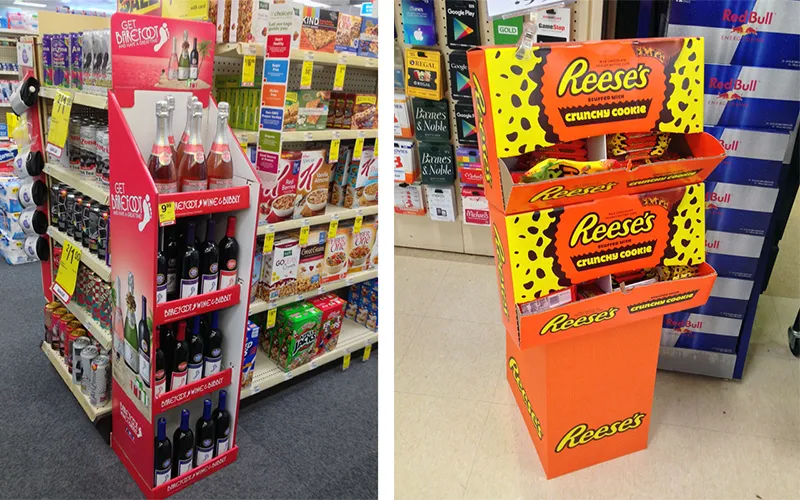 A sleek, minimalist cardboard display in a high-end boutique next to a fun, colorful one.