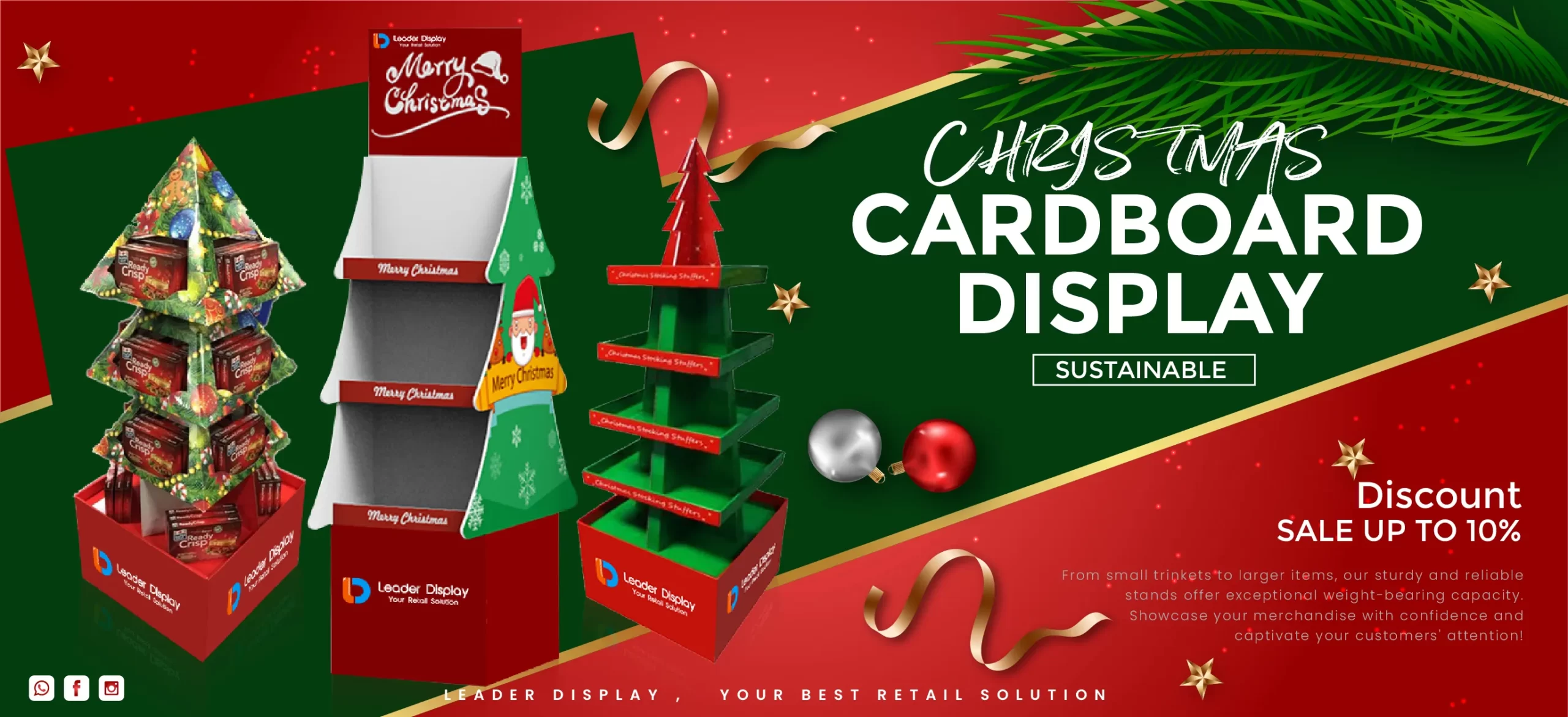 A bright red "SALE" sign on a Christmas-themed cardboard display