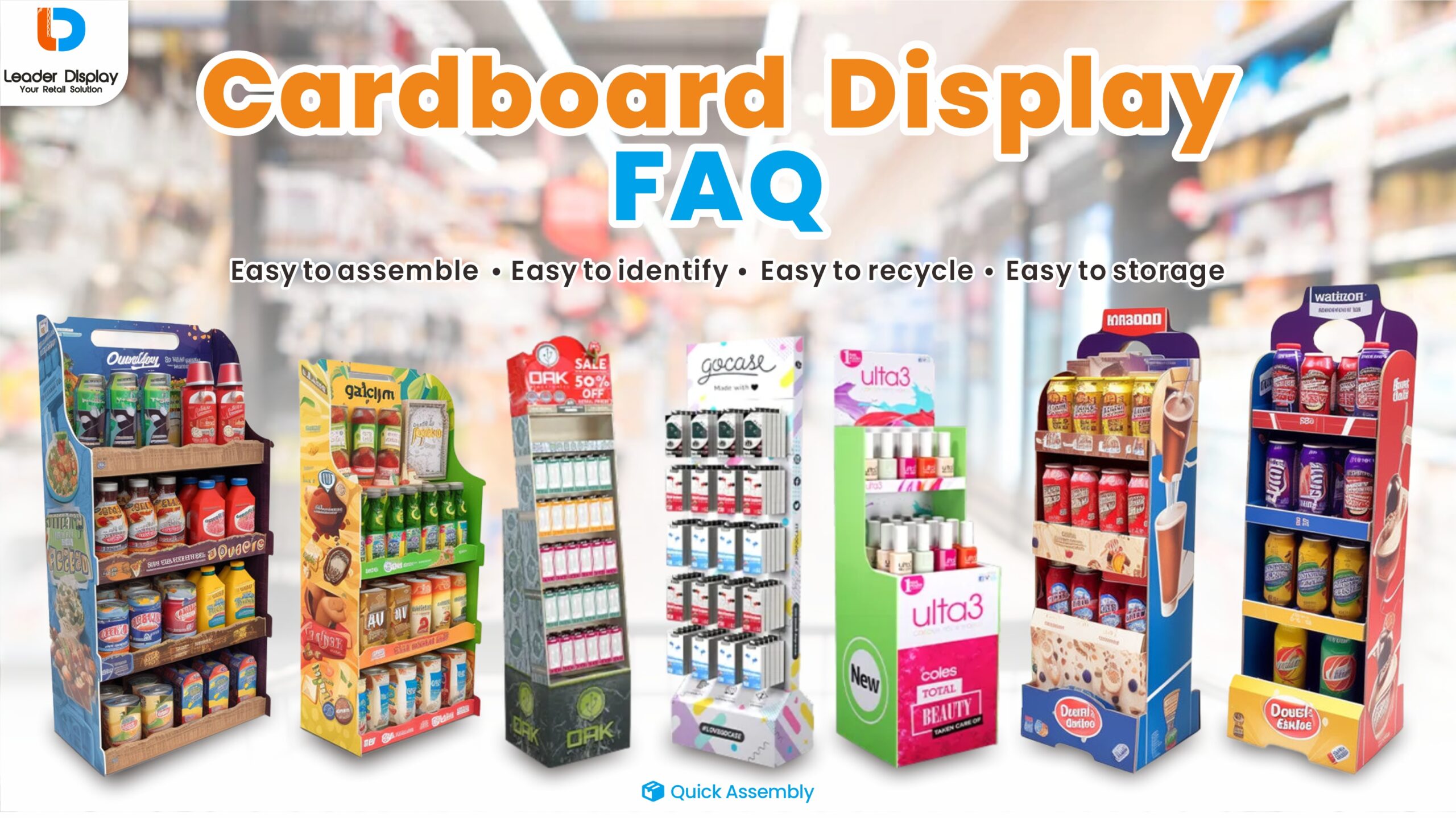 A collection of different retail display fixtures like FSDUs and POP displays