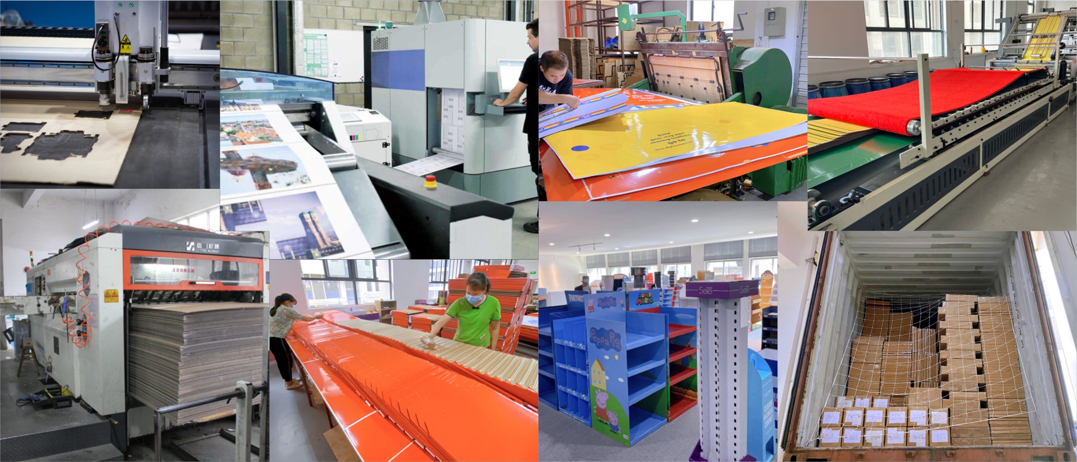 A factory floor with machines printing and cutting cardboard for POP displays