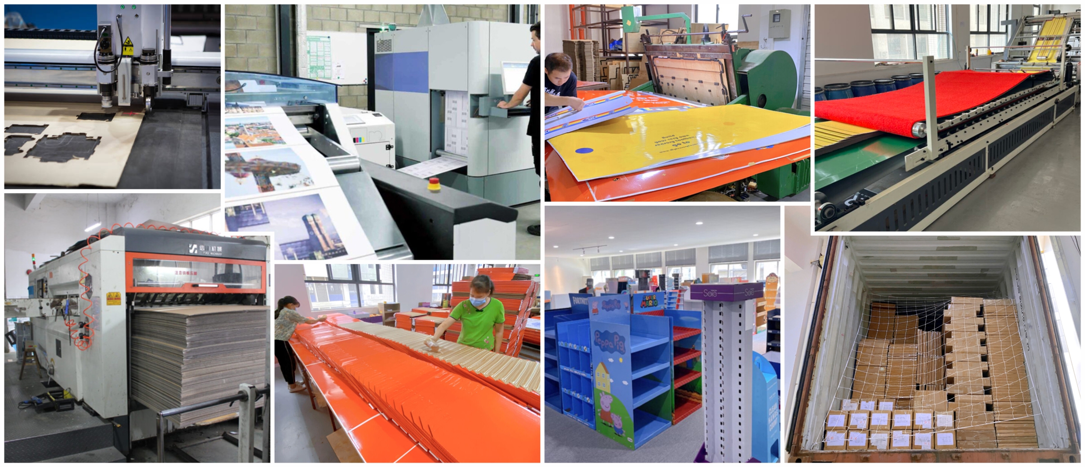 A collection of custom cardboard displays in a workshop.