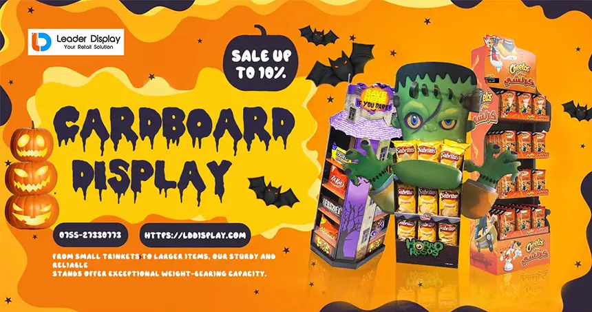 A collection of vibrant seasonal cardboard displays in a retail store