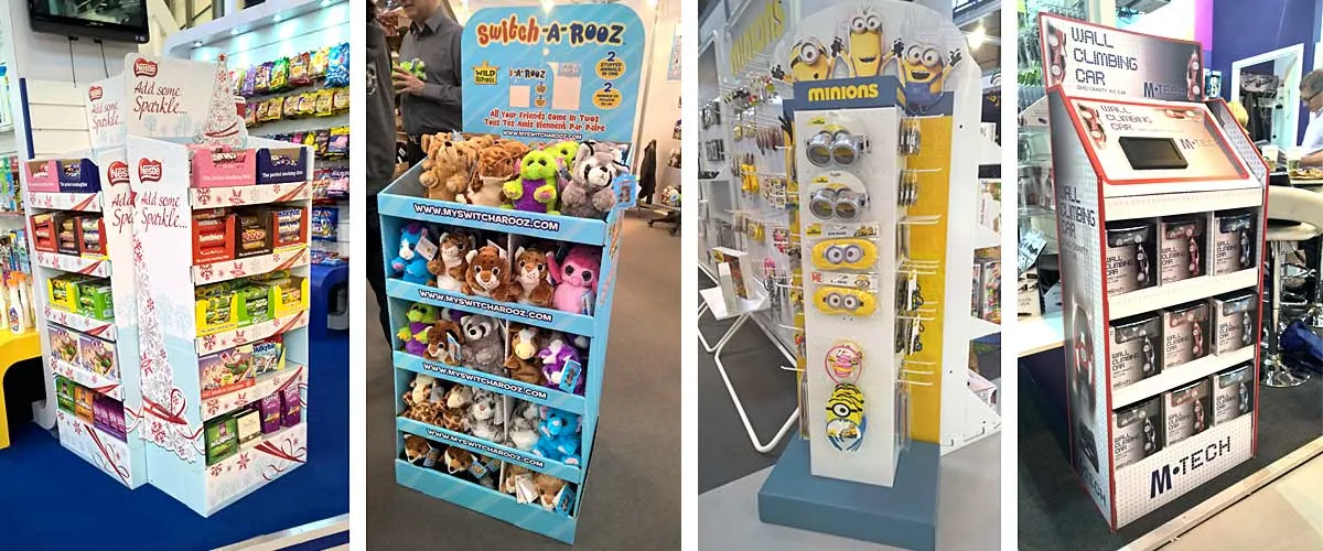 An image of various cardboard display racks for retail