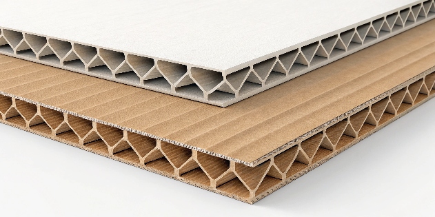 Cross-section of triple-wall corrugated cardboard showing its layers