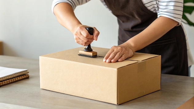 A person applying a custom-branded stamp to a plain cardboard box