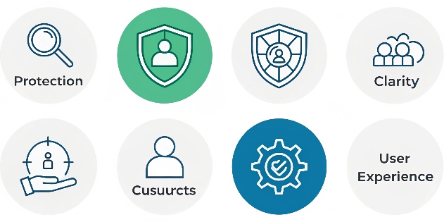 An infographic showing four icons representing protection, clarity, cost, and user experience