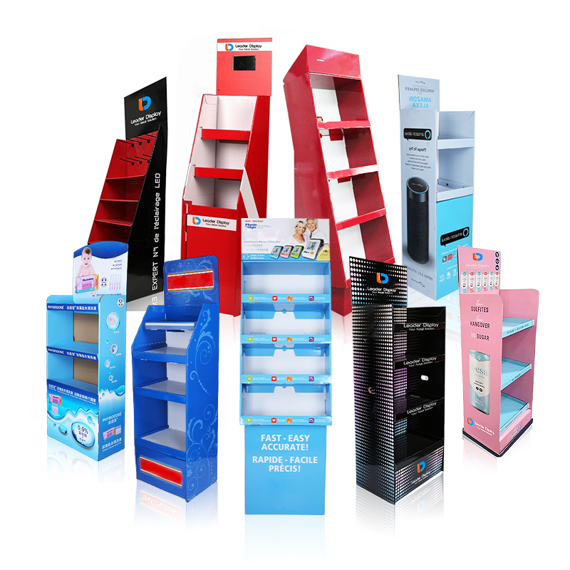 Different types of cardboard displays: floor, counter, pallet, and pegboard