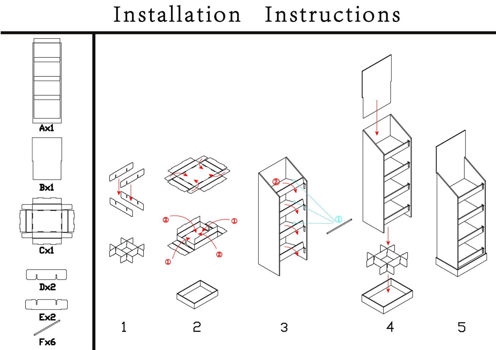 diagram showing the easy assembly steps of a cardboard display