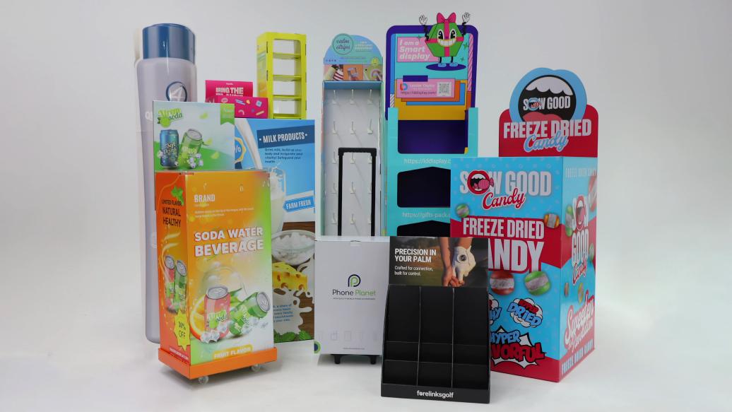 A collage showing the 5 main types of cardboard retail displays.