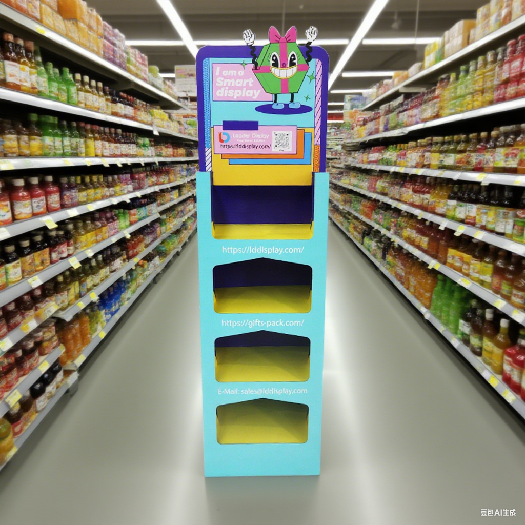 an interactive cardboard display with a unique shape and a small digital screen