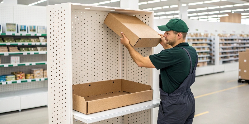 A retail worker easily converting a PDQ shipping box into a shelf-ready display