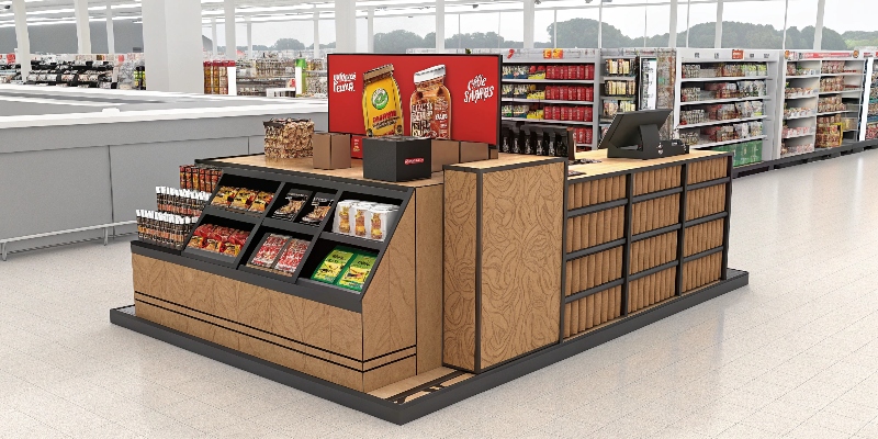 Custom POP display with various products in a retail store