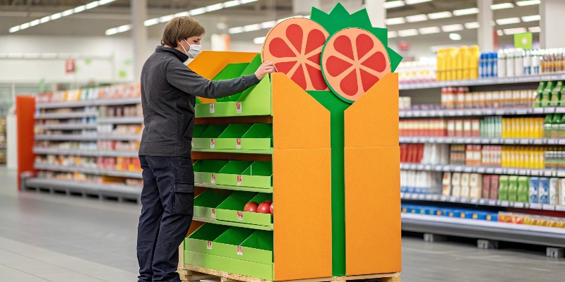 A store employee easily setting up a PDQ floor display full of products