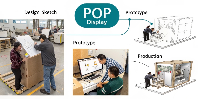A step-by-step graphic showing the process from design sketch to prototype to final POP display.