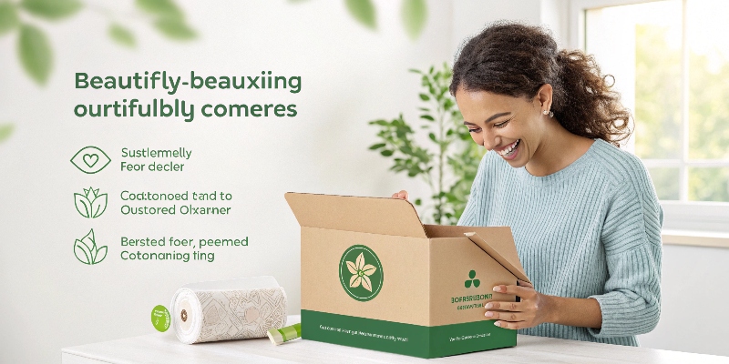 A customer happily unboxing a product from a beautifully designed, sustainable package.
