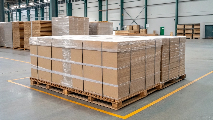 A securely wrapped pallet of flat-packed cardboard displays ready for shipping.
