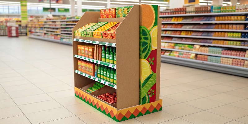 An eye-catching custom cardboard floor display in a retail aisle showcasing a new product.