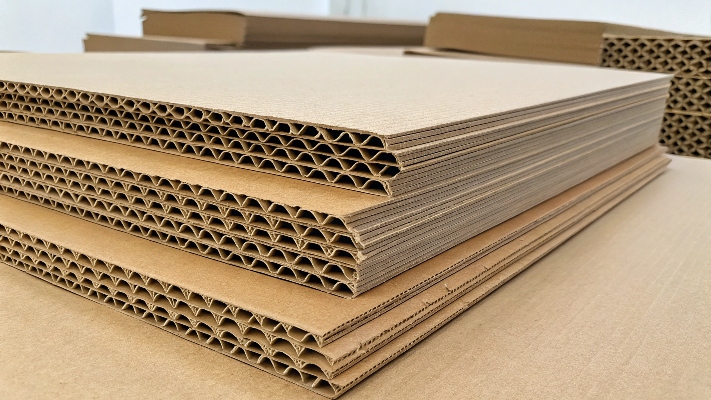 A stack of eco-friendly corrugated cardboard sheets.