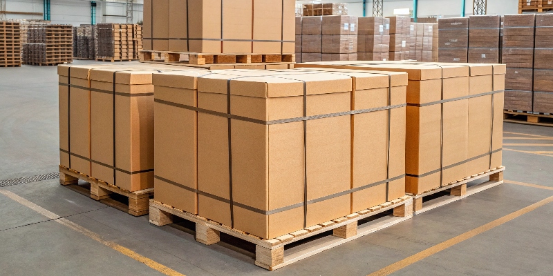 cardboard displays securely packed on a pallet for shipping