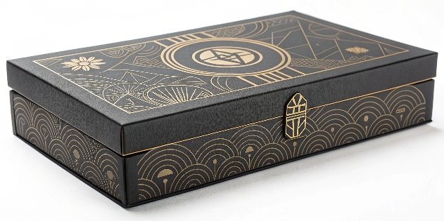 A custom printed box with intricate branding and design elements.