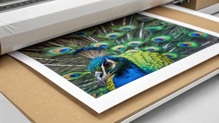 A close-up of a high-quality print on a cardboard display.