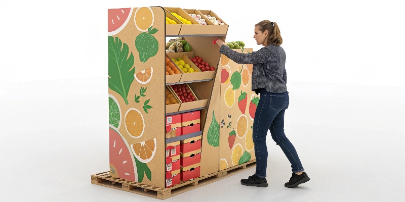 A customer interacting with a cardboard display, picking up a product to examine it.