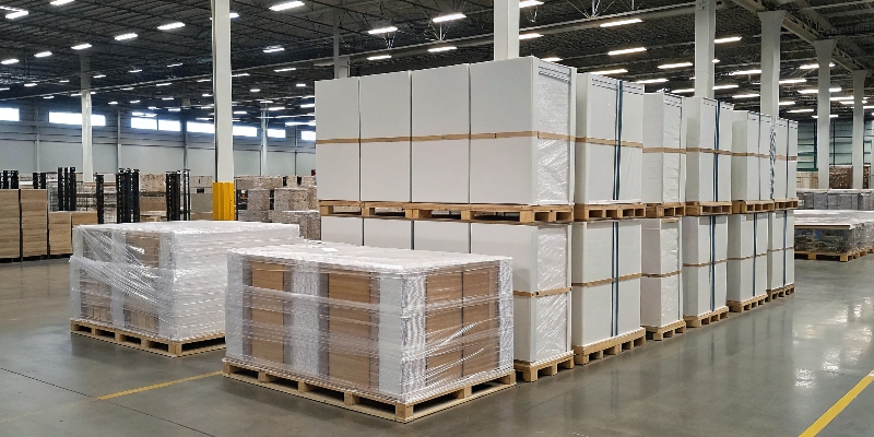 A securely palletized and shrink-wrapped shipment of display stands in a warehouse.