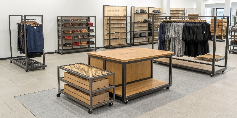 An image showing a variety of retail store fixtures, both permanent metal and temporary cardboard