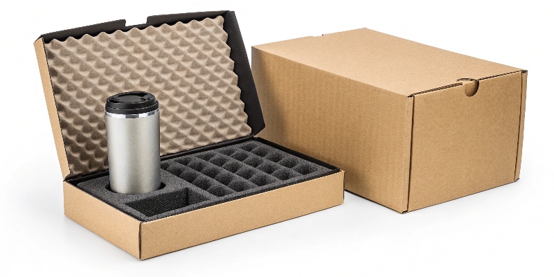 Corrugated shipping box next to retail product packaging