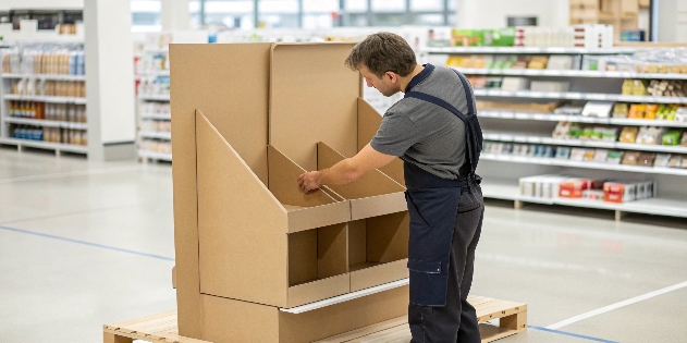 A retail employee easily assembling a simple pop-up cardboard display.