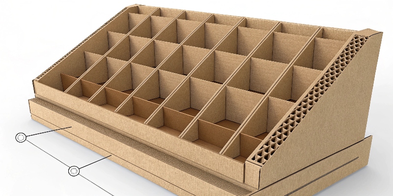 A close-up of a cardboard display's interlocking tab design