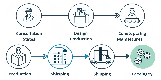 An infographic showing the steps: Consultation, Design, Prototype, Production, Shipping.