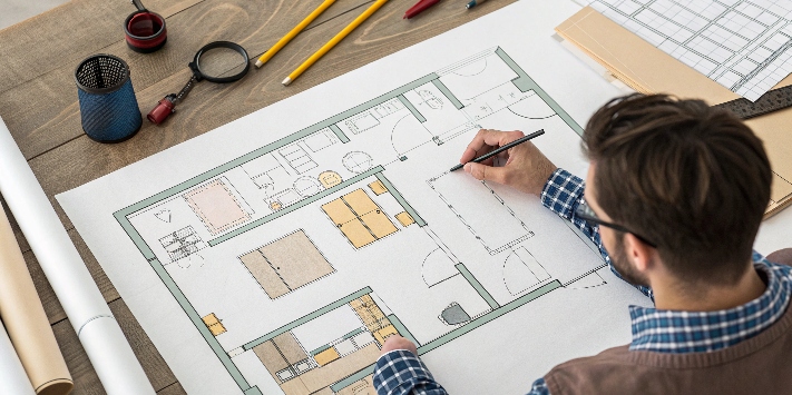 a designer sketching a store layout, considering factors like flow and lighting