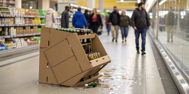 A damaged and poorly placed POP display in a store aisle