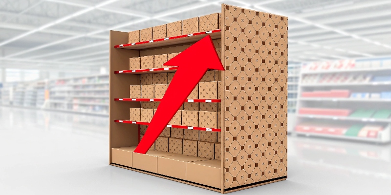 A POP display with a big red arrow pointing to a product, highlighting its main goal