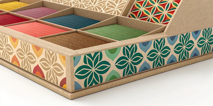 close-up shot of a cardboard display with a high-quality matte finish and vibrant colors