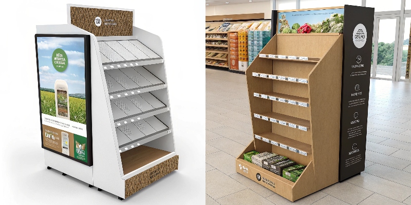 A side-by-side comparison of a plastic display and a stylish, modern cardboard display.