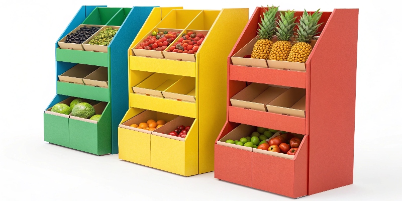 A collection of brightly colored, high-quality cardboard retail displays showcasing different printing finishes