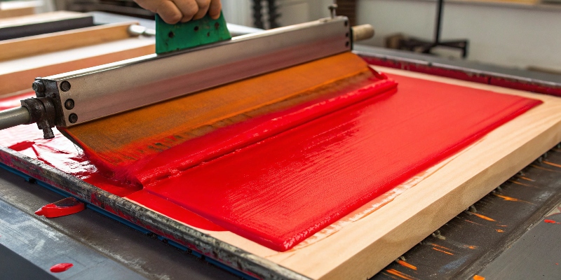 A close-up of a screen printing squeegee applying a thick layer of bright red ink onto a cardboard sheet