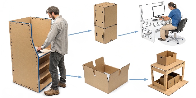 A collage showing the steps of cardboard display customization, from initial sketch to final product.