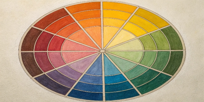 A color wheel demonstrating analogous, complementary, and triadic schemes