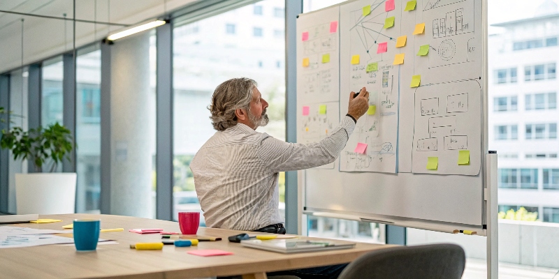 A designer brainstorming ideas for a custom cardboard display