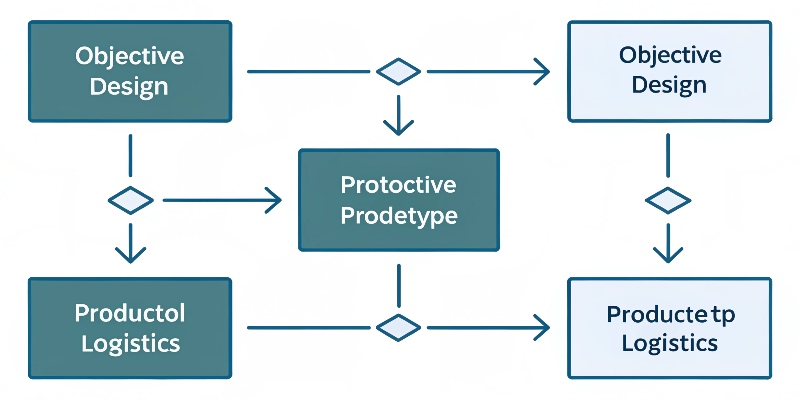 A flowchart showing 5 steps: Objective, Design, Prototype, Production, Logistics