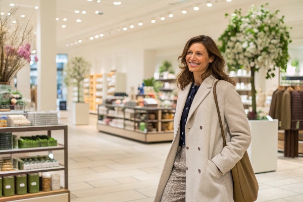 A customer smiling in a beautifully designed store section