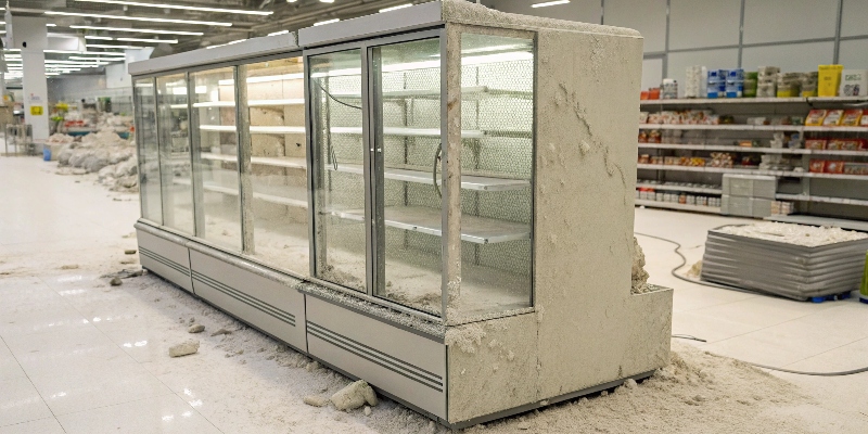 A crumpled and ignored POP display in the corner of a store, showing its potential disadvantages